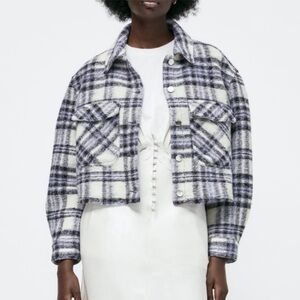 Zara Blue Plaid Flannel Print Button Front Wool Blend Cropped Shacket Jacket